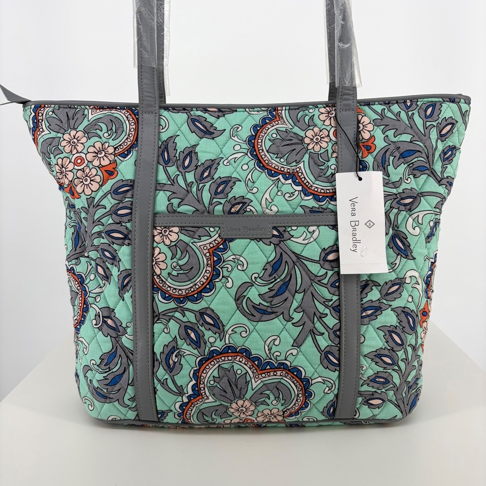 Vera Bradley Trimmed Vera Tote Fan Flowers Quilted Faux Leather Casual BoHo